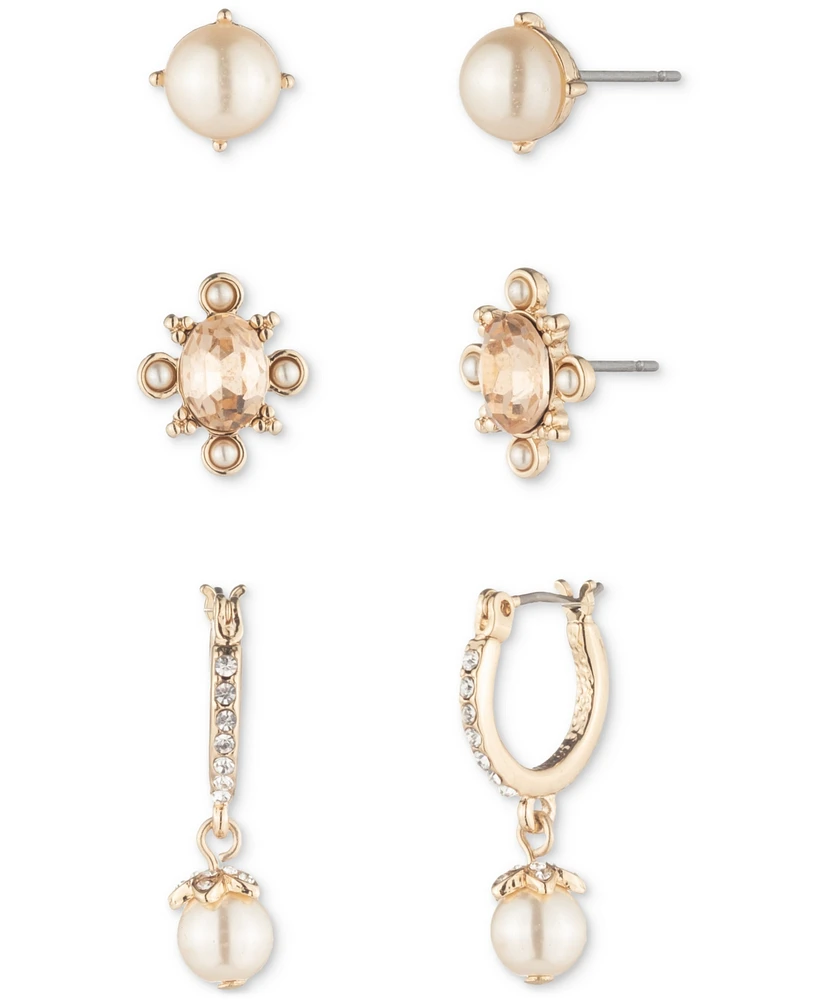 Marchesa Gold-Tone 3-Pc. Set Crystal & Imitation Pearl Stud & Hoop Earrings
