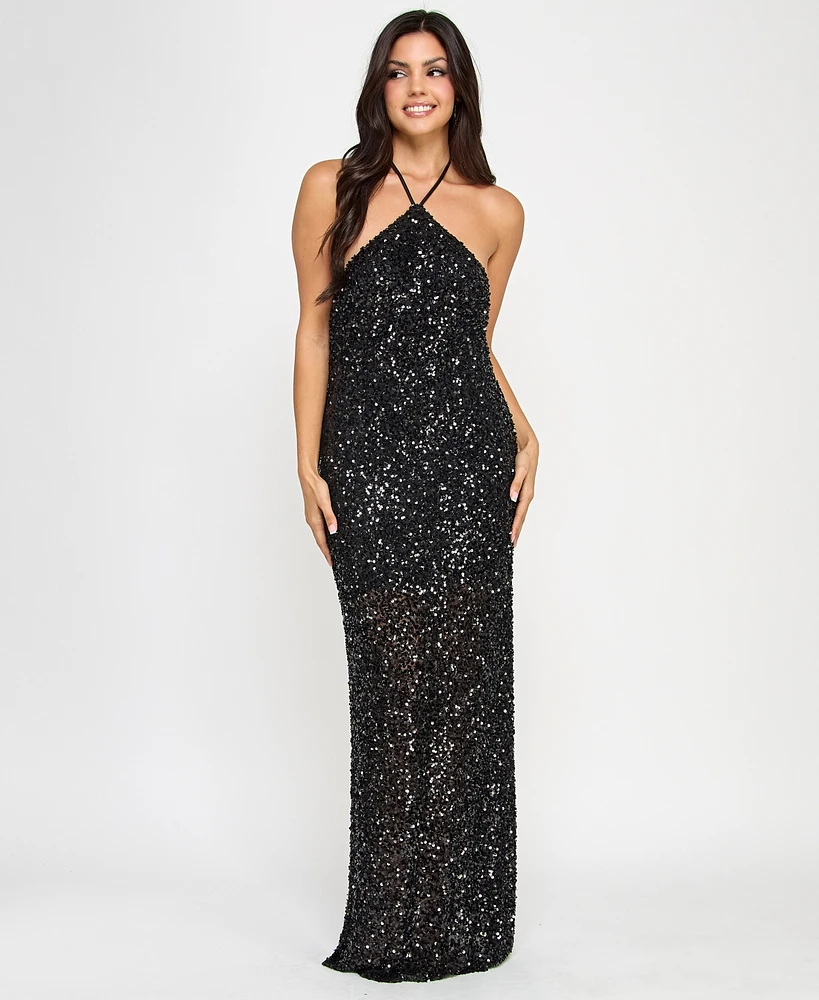 Morgan & Company Juniors' Sequin Embellished Halter Gown