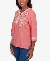 Alfred Dunner Women's Free Spirit Bohemian Floral Embroidered Flutter Sleeve Top