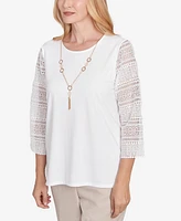 Alfred Dunner Women's Kensington Gardens Solid Lace Sleeve Knit Top with Necklace