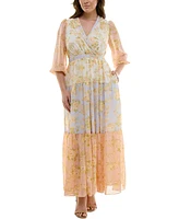 Taylor Plus Printed Blouson-Sleeve Maxi Dress