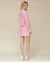 Avec Les Filles Womens Striped Lace Trimmed Cropped Shirt Pleated Lace Trim Mini Skirt
