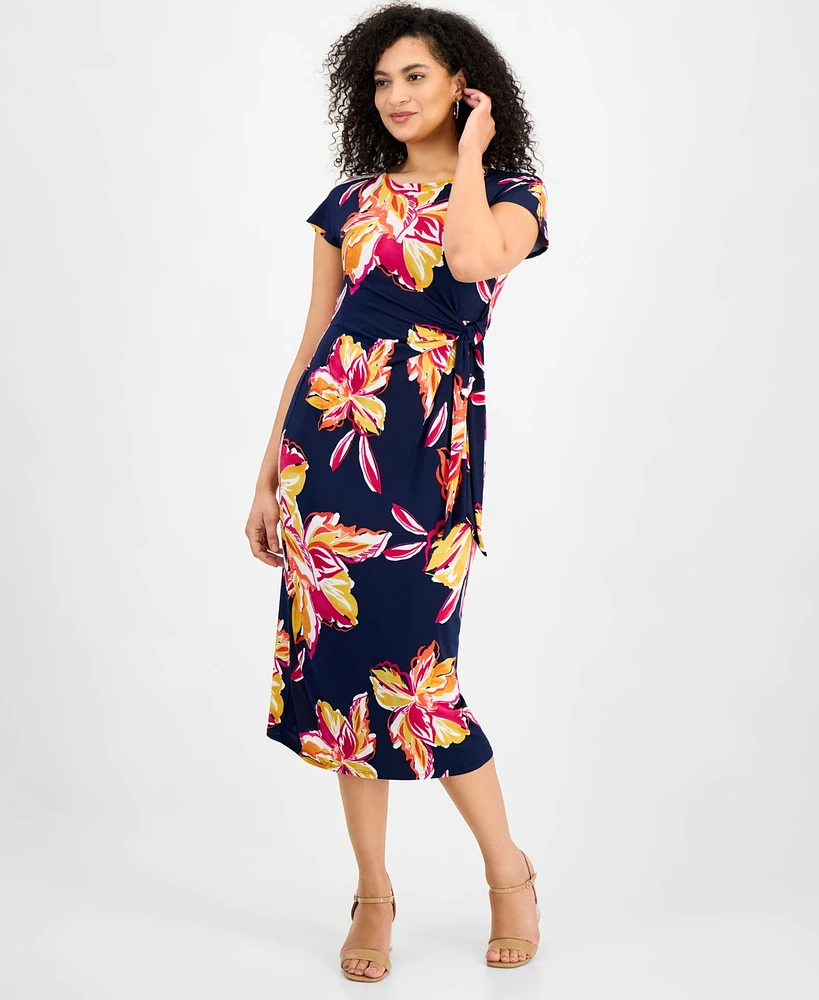Robbie Bee Women's Floral Tie-Waist Short-Sleeve Midi Dress