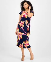 Robbie Bee Women's Floral Tie-Waist Short-Sleeve Midi Dress