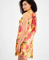 Robbie Bee Women's Floral-Chiffon Mock-Neck Trapeze Dress