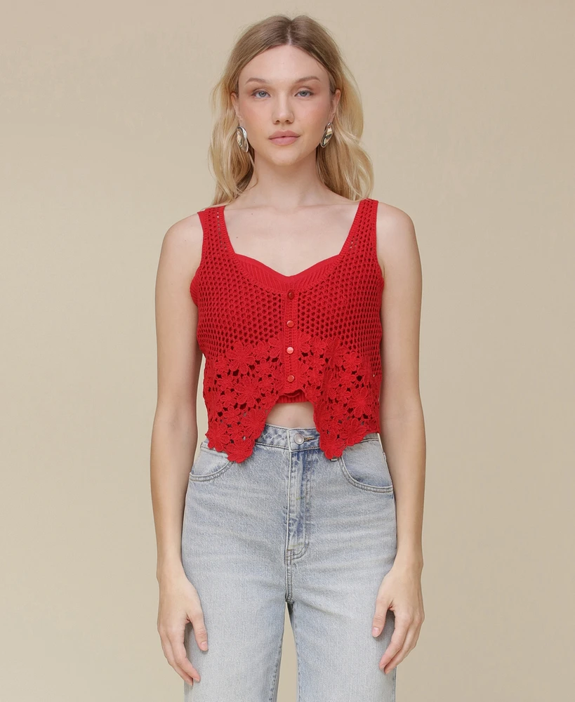 Avec Les Filles Women's Crochet V-Neck Top with Bandeau Underlining