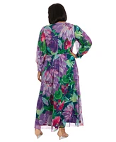 London Times Plus Printed Blouson-Sleeve Maxi Dress