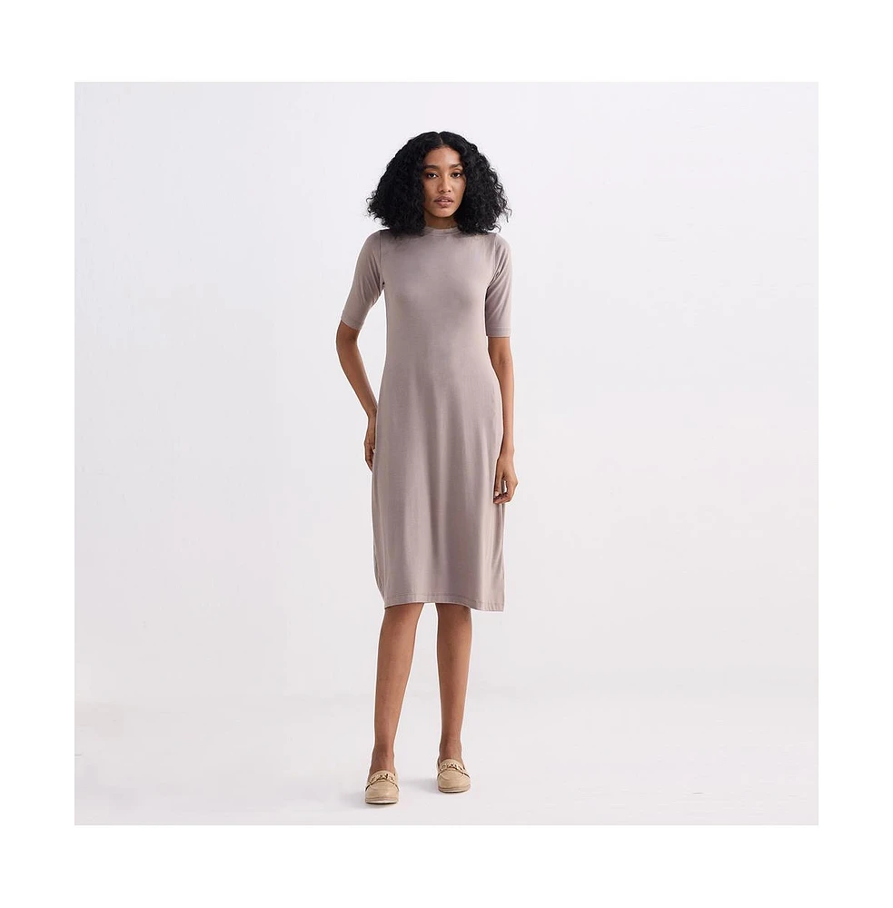 High Neck Elbow Sleeves Fitted Dress