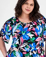 Ak Anne Klein Plus Floral-Print Short-Sleeve Top