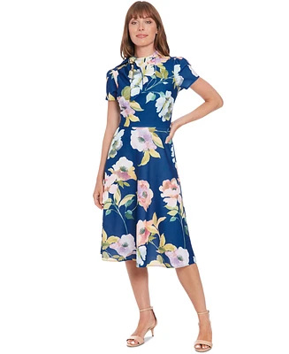 London Times Petite Printed Tie-Neck Puff-Sleeve Midi Dress