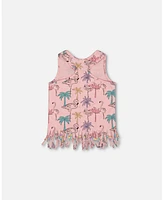 Deux par Toddler Girls Printed Cotton Tank Top With Fringe Palm Trees, Pink Flamingo, And Turquoise - Toddler|Child