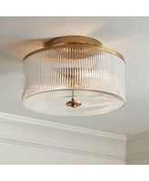 McKenzie 14" Mid Century Modern 2-Light Semi Flush-Mount Ceiling Light Fixture Kitchen Foyer Hallway Drum Round Warm Brass Finish Ribbed Glass Me