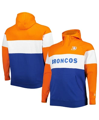 New Era Men's Orange/Royal Denver Broncos Big Tall Throwback Color block Fleece Raglan Pullover Hoodie