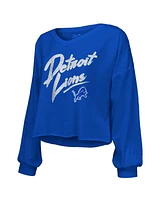 Majestic Women's Amon-Ra St. Brown Blue Detroit Lions Name Number Off-Shoulder Script Cropped Long Sleeve V-Neck T-Shirt