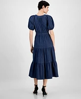 Anne Klein Women's Split-Neck Puff-Sleeve Denim Midi Dress