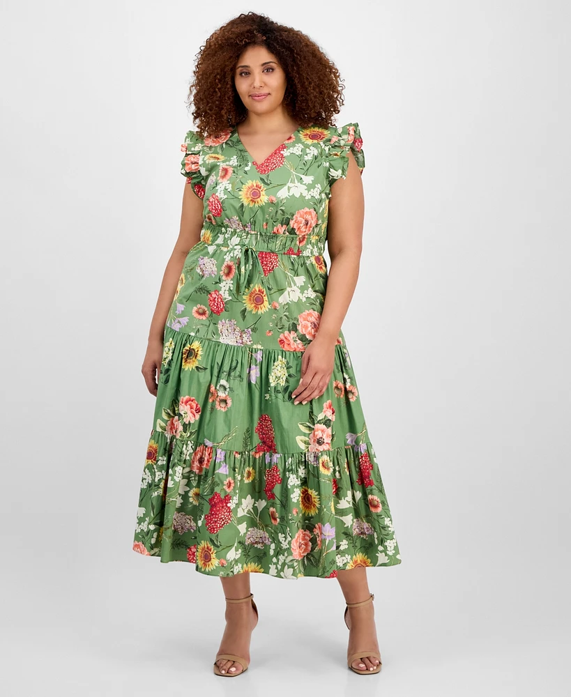 Anne Klein Plus Printed Drawstring-Waist Midi Dress
