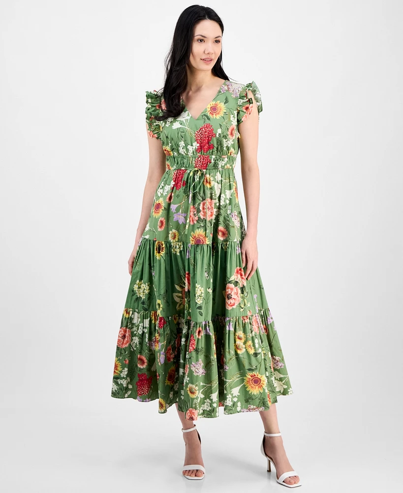 Anne Klein Women's Printed V-Neck Drawstring Maxi Dress