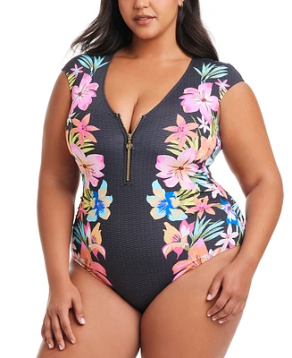 Bleu by Rod Beattie Plus Border-Print Sweet Escape Cap-Sleeve Zip-Front Swimsuit