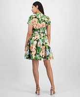 Tahari Petite Floral Belted Pleated Short-Sleeve Dress