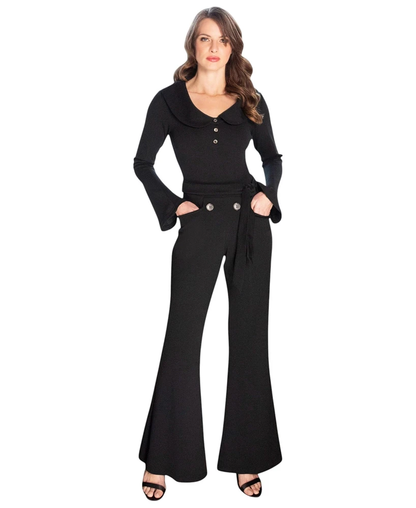 HotSquash London Women's Bell-Bottom Jumpsuit with Collar Detail