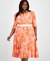 Tahari Asl Plus Printed Belted Midi Shirtdress
