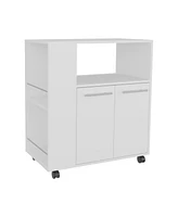 Fm Furniture Linden Kitchen Cart with Microwave Shelf, Open Storage, and Two-Door Cabinet, White