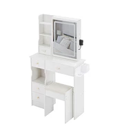 50.40"Small Size Left Drawer Desktop Vanity Table + Cushioned Stool, 2 Ac+2 Usb Power Station, Hair dryer bracket,White