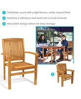 Outdoor Patio Dining Armchairs with Slat Back - Light Brown Finish - Set of 2