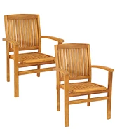 Outdoor Patio Dining Armchairs with Slat Back - Light Brown Finish - Set of 2