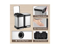 Dual Trash Can, Stainless Steel 2 x 6.5 Gal (2 x 25L) Garbage Can, Double Steel Pedal Recycle Bin with Lid and Inner Buckets, Rectangular Hands-Free K