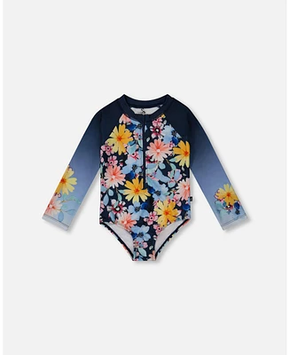 Deux par Girls Printed Long Sleeve Rashguard Navy And Yellow Pink Flowers