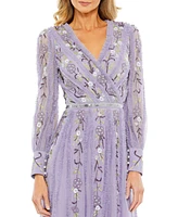 Women's Long Sleeve Embroidered Wrap Midi Dress