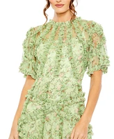 Mac Duggal Women's Floral Flutter Sleeve Mesh Print Dress
