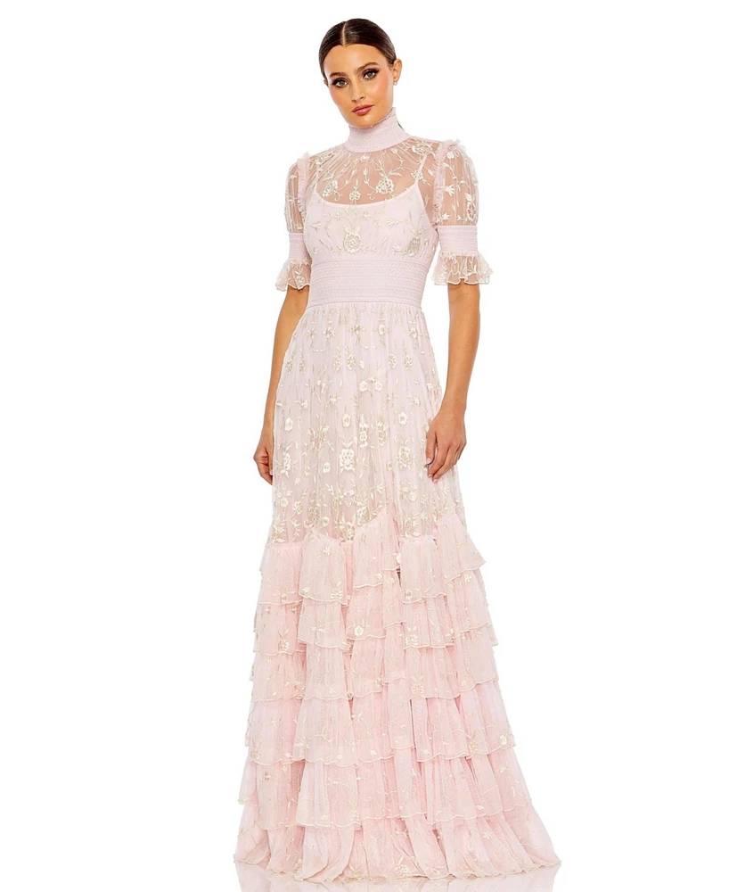 Mac Duggal Women's Embroidered Floral Tiered Smock Neck Gown