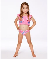 Deux par Girls Printed Two-Piece Swimsuit With Frills Candy Pink And Flamingo