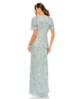 Mac Duggal Women's Flutter Sleeve Sequin High Neck Dress