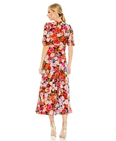 Mac Duggal Women's Floral Print Front Tie Puff Sleeve Flowy Midi Dress