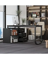 Famapy 55.1 in. L-Shaped Gray Wood Computer Desk Writing Office Executive W/Removable Tabletop, Shelves, 3-Drawers