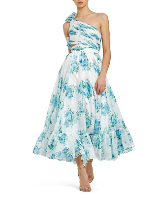 Women's One Shoulder Ruffle Cut-Out Chiffon Midi Dress