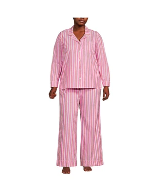 Lands' End Women's Plus Cotton Poplin 2 Piece Pajama Set - Long Sleeve Top and Pants