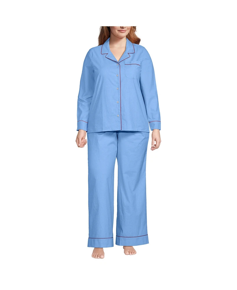 Lands' End Plus Cotton Poplin 2 Piece Pajama Set - Long Sleeve Top and Pants