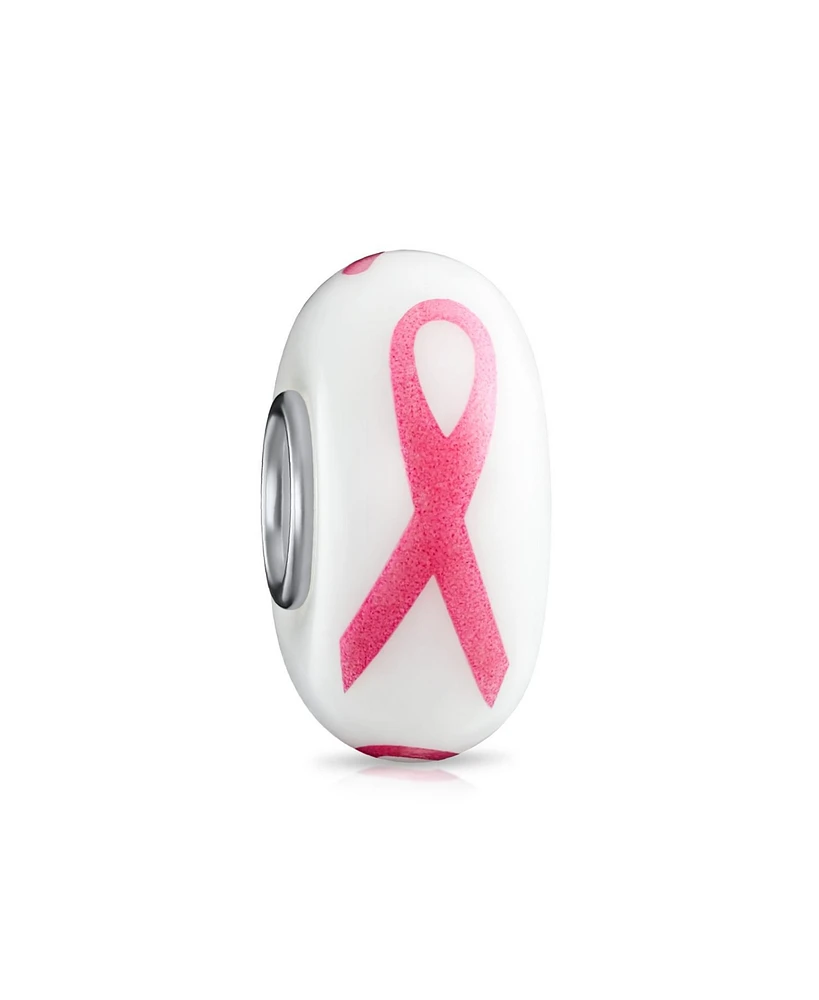 Bling Jewelry Breast Cancer Survivor Glass Charm Bead with Pink Ribbon and Silver Core