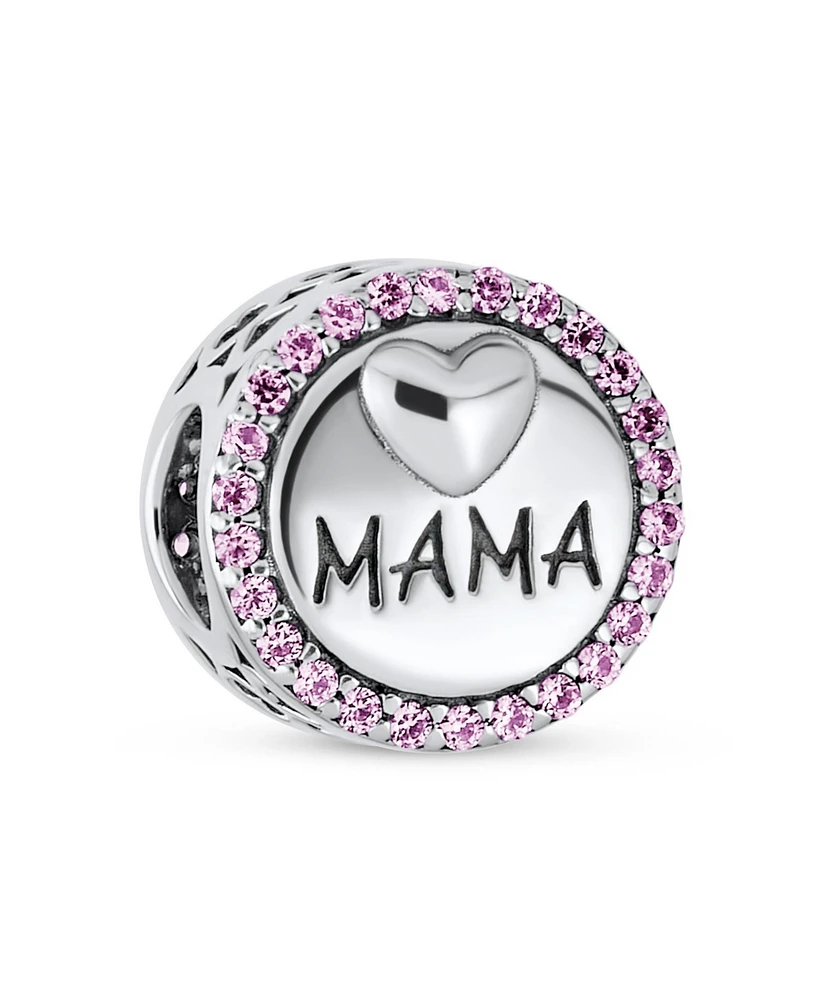 Bling Jewelry Round Pink Crystal Bead Charm Mama Heart for Wife Sterling Silver Fits Bracelet