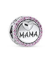 Bling Jewelry Round Pink Crystal Bead Charm Mama Heart for Wife Sterling Silver Fits Bracelet