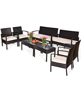 8PCS Patio Rattan Conversation Furniture Set Cushioned Seat Glass Table