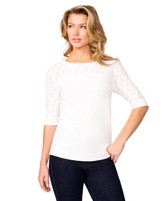 Melissa Paige Petite Yoke Wave Stitch Elbow-Sleeve Sweater