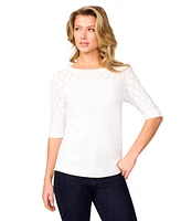 Melissa Paige Petite Yoke Wave Stitch Elbow-Sleeve Sweater