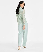 Anne Klein Womens Collared Lace Button Front Shirt Liberty Stretch High Rise Wide Leg Pull On Pants