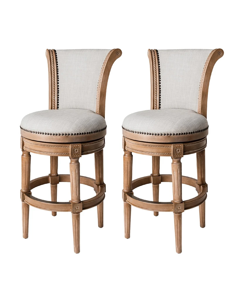 Maven Lane Pullman Bar Stool, Weathered Oak Finish w/ Sand Color Fabric Upholstery, Set of 2