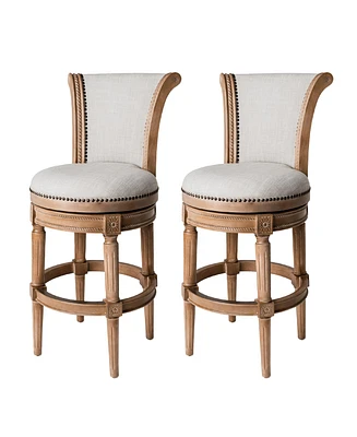 Maven Lane Pullman Bar Stool, Weathered Oak Finish w/ Sand Color Fabric Upholstery, Set of 2